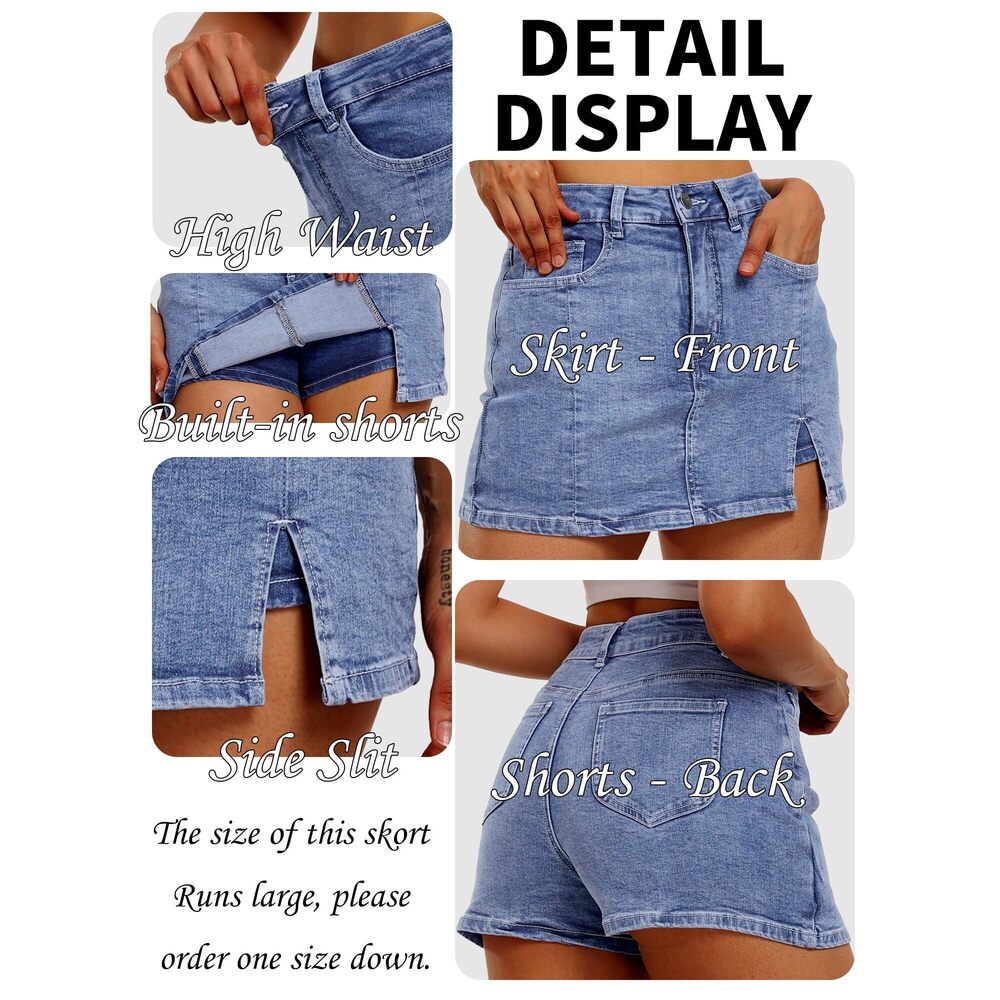 3097 Skorts Skirts Denim Mini Skirt Side Slit with High Waisted Jean Shorts - Picture 5 of 5